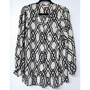 ISAAC MIZRAHI Tan Black Long Sleeve Sheer Button-Up Collard Women Shirt Blouse